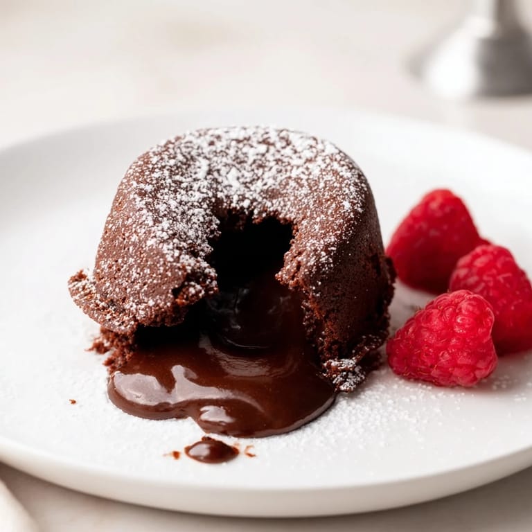 Rich, dark Mini Chocolate Lava Cakes dusted with powdered sugar, served with fresh berries, look delicious.