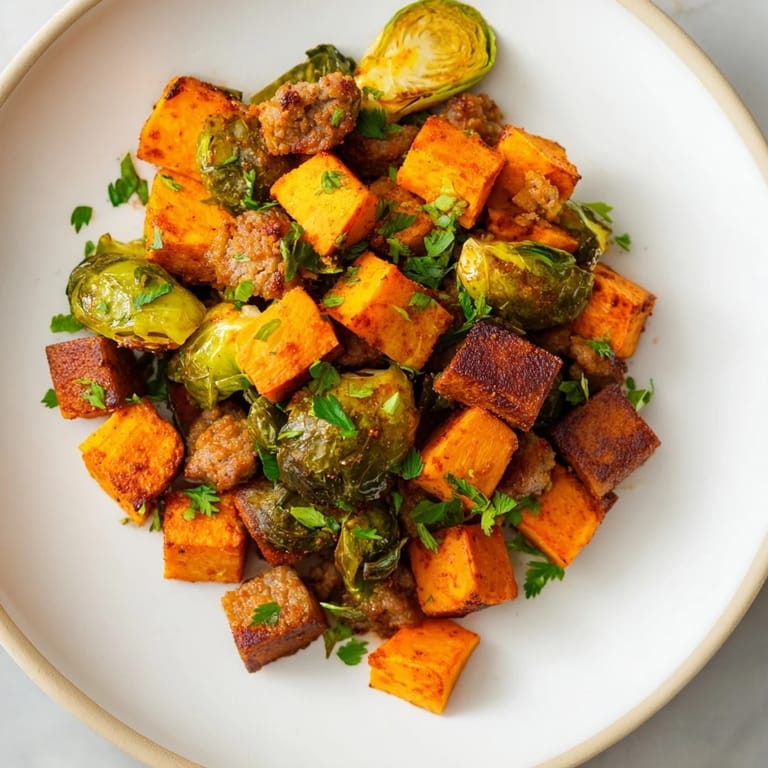 Golden-brown sheet pan sausage, sweet potato, and Brussels sprouts, a healthy and flavorful weeknight dinner.