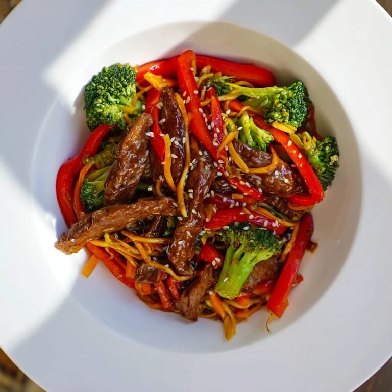 Enjoy a steaming bowl of Easy Beef Stir-Fry with Lo Mein Noodles, ready in just thirty minutes.