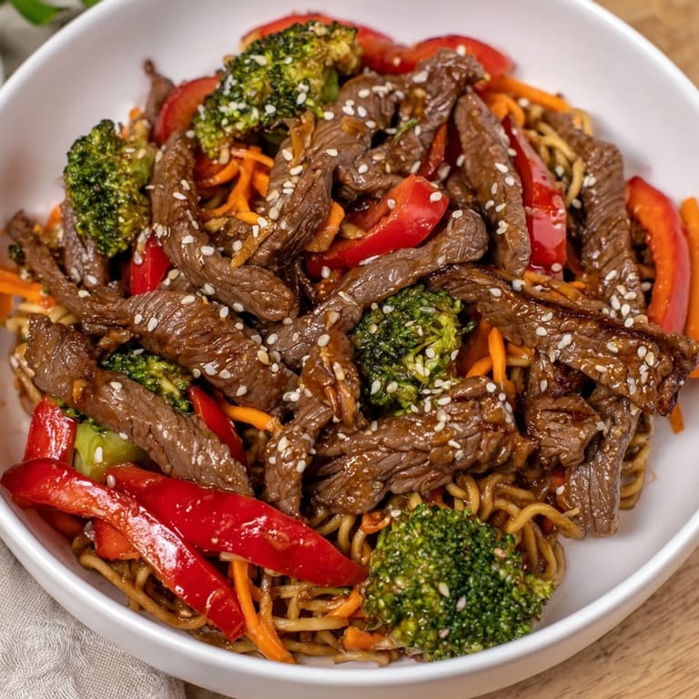A close-up view of the delicious Easy Beef Stir-Fry with Lo Mein Noodles, perfect for a quick dinner.
