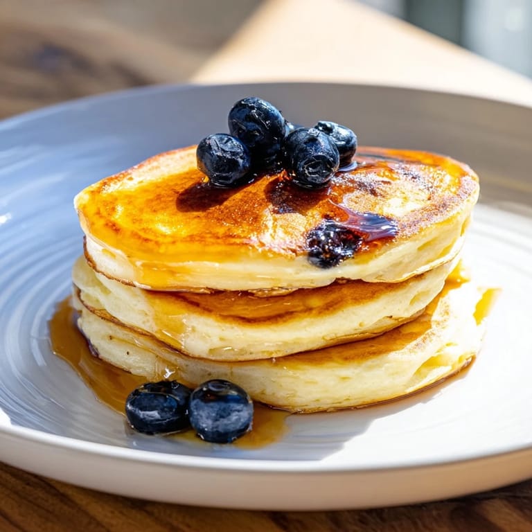 A stack of delicate Light and Fluffy Ricotta Pancakes, drizzled with sweet syrup and looking irresistible.