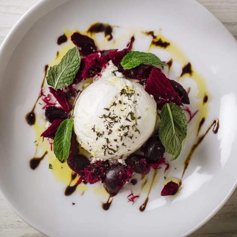 Fresh Moonlit Lagoon salad with juicy fruit, a soft, creamy burrata centerpiece, and basil leaves.