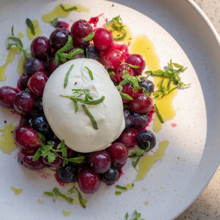 A visually appealing Moonlit Lagoon appetizer: colorful fruit, soft cheese, and balsamic drizzle create a beautiful plate.