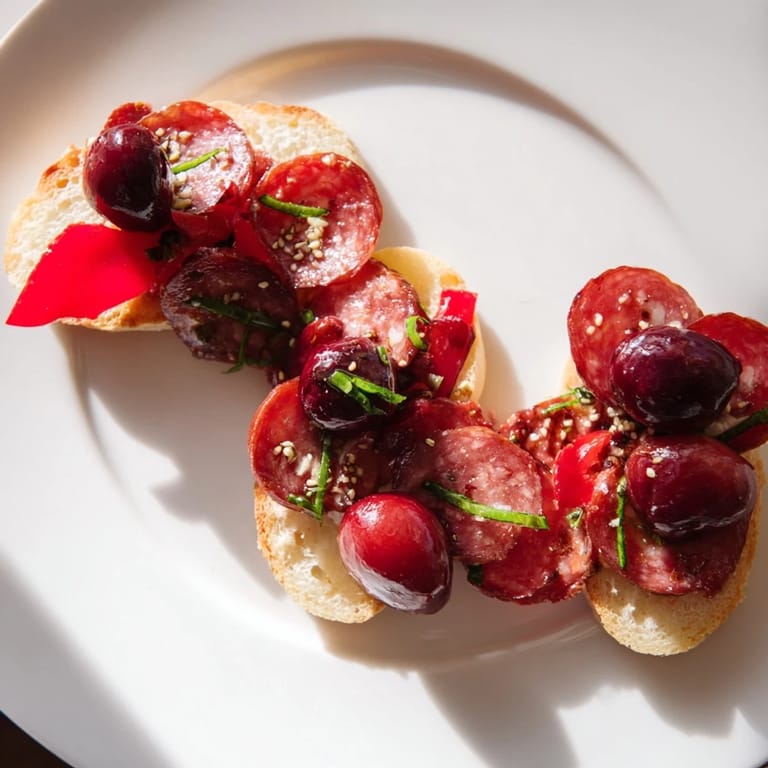 Vibrant image shows The Crimson Tide, a delicious appetizer with a flowing S-shape arrangement.