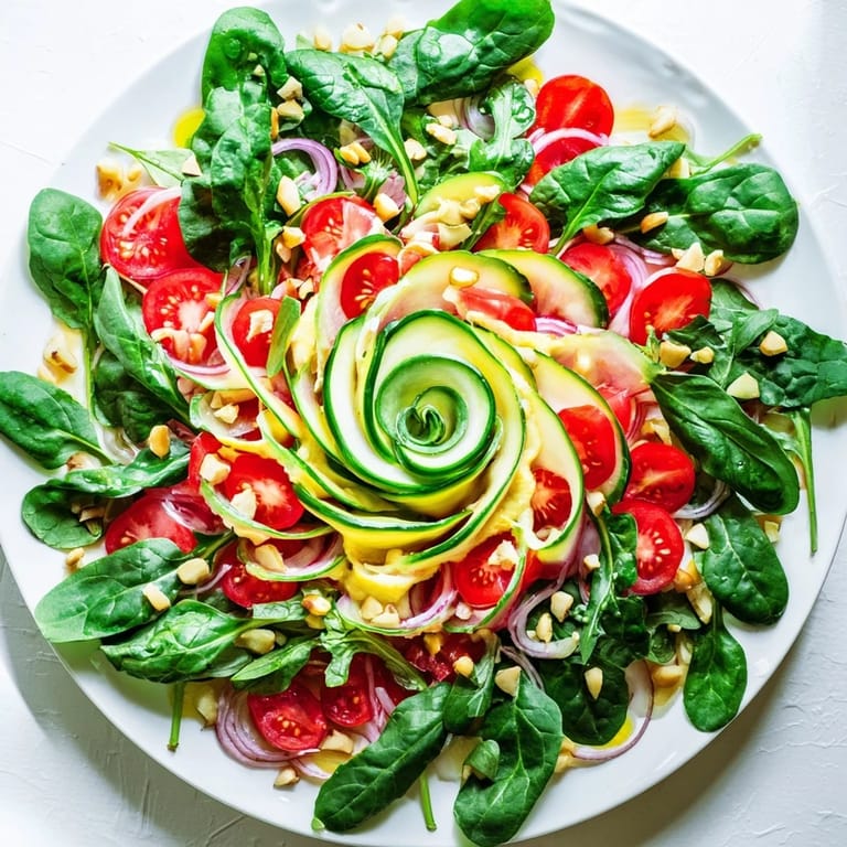 The beautiful Fibonacci Fan Salad features colorful tomatoes and a zesty lemon dressing, perfect for lunch.