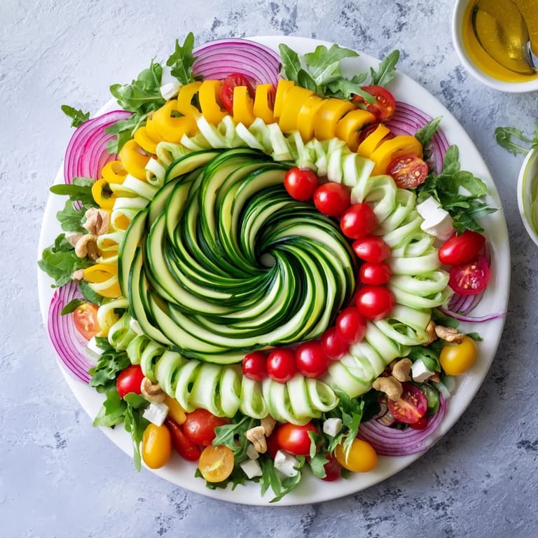 Fresh and delicious Fibonacci Fan Salad: A close-up view of the spiral salad with feta cheese and walnuts.