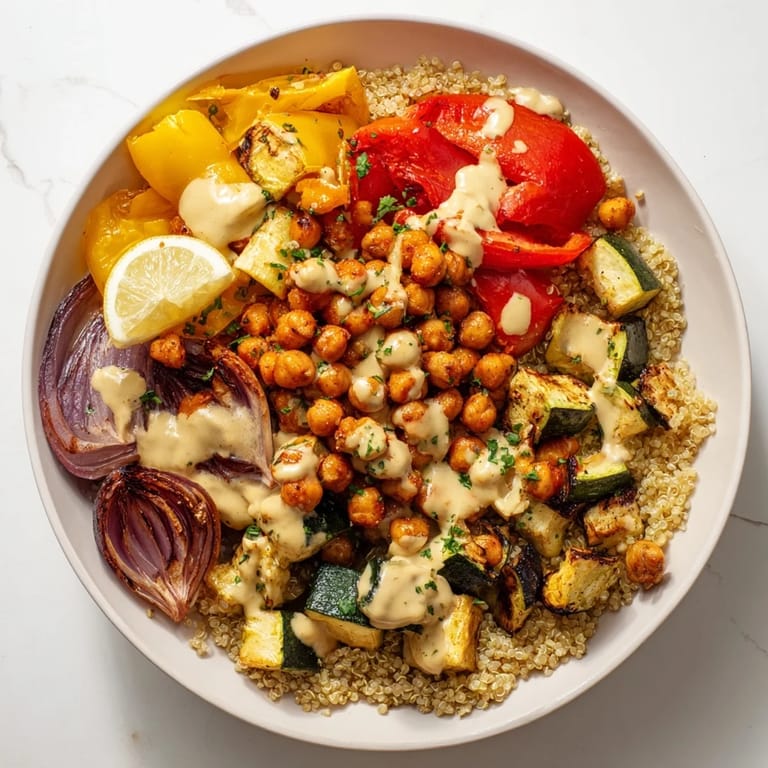 Image of a healthy, colorful Mediterranean Chickpea and Veggie Grain Bowl, offering a delicious vegetarian lunch option.