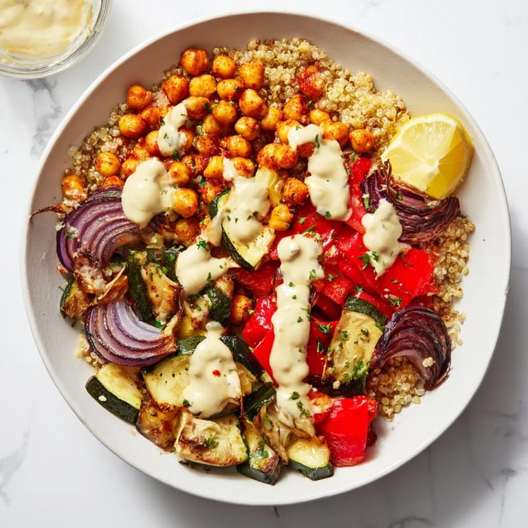 Warm Mediterranean Chickpea and Veggie Grain Bowls showcasing vibrant roasted vegetables and a creamy tahini sauce.