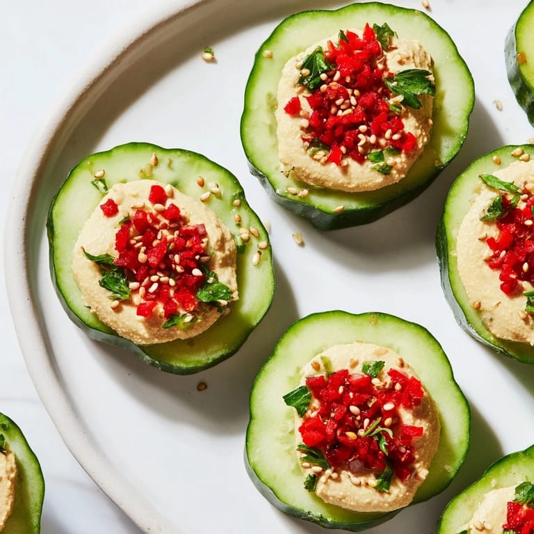 Fresh Quick Hummus and Cucumber Bites, a vegan appetizer, with colorful toppings and garnishes.