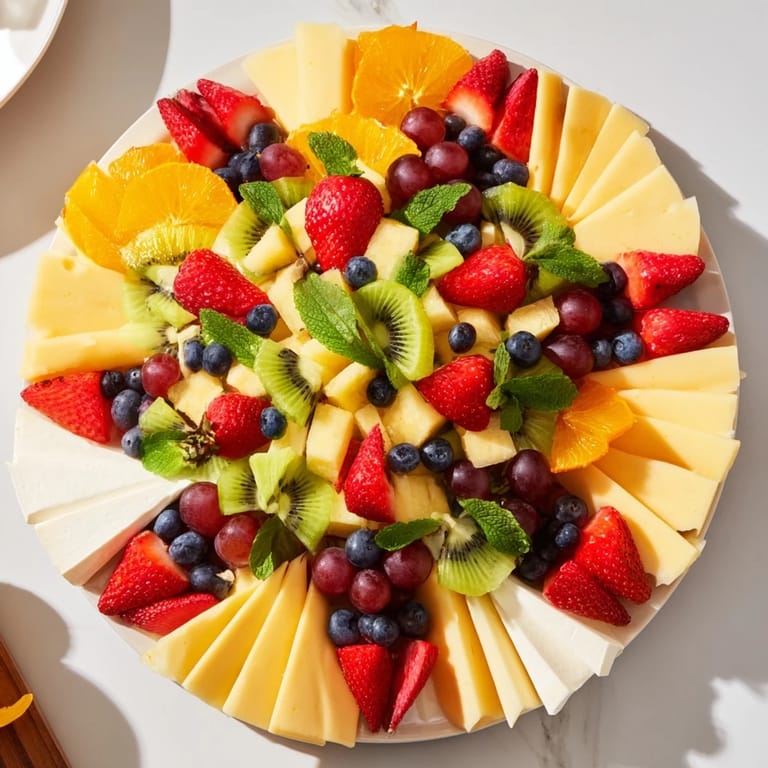 Beautiful "Kaleidoscope Circle" features an array of fresh, colorful fruit and cheeses, perfect appetizer for guests.
