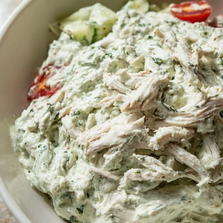 A close-up of Green Goddess Chicken Nacho Dip; imagine vibrant green dip with chicken and crisp tortilla chips.