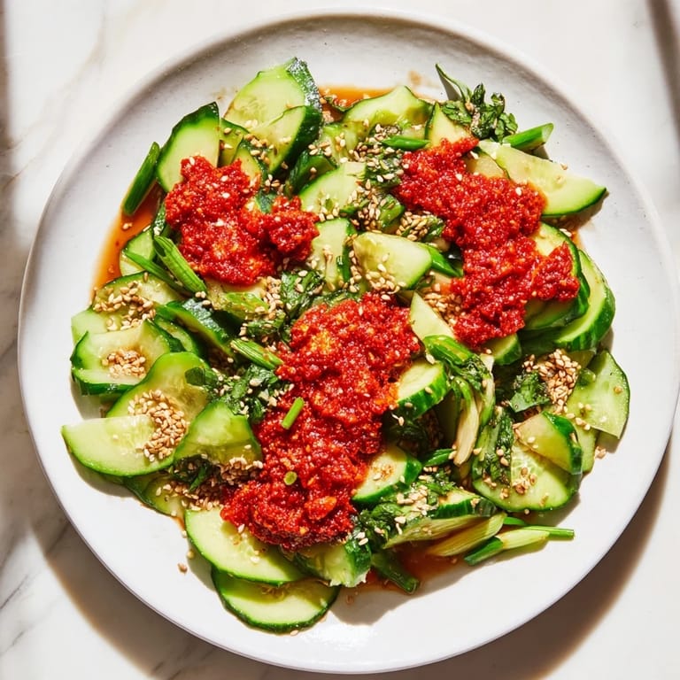 A close-up view of the addictive Cucumber Shaker Salad topped with sesame seeds and chili oil.