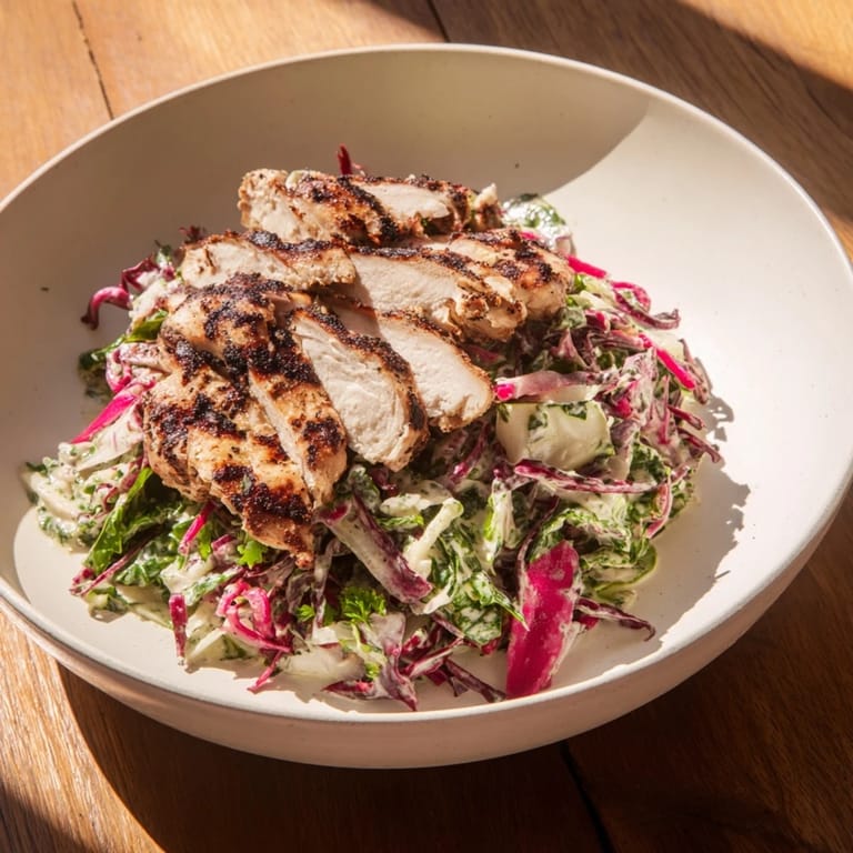 Creamy Green Goddess Cabbage Slaw boasts tender chicken, all tossed with crisp vegetables for an easy dinner.