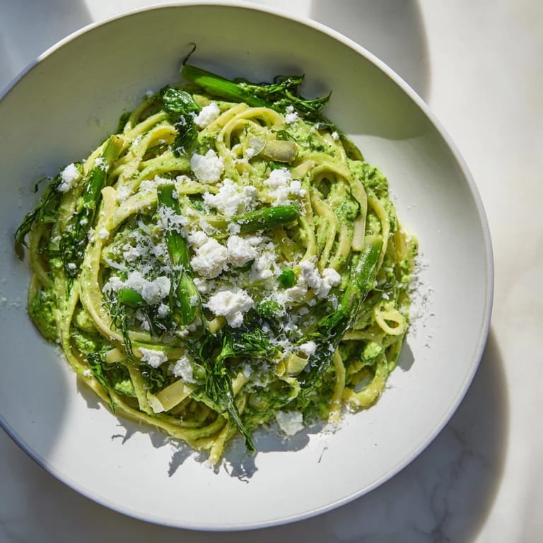 A close-up of creamy green goddess pasta sauce clinging to al dente noodles, bursting with fresh flavors.