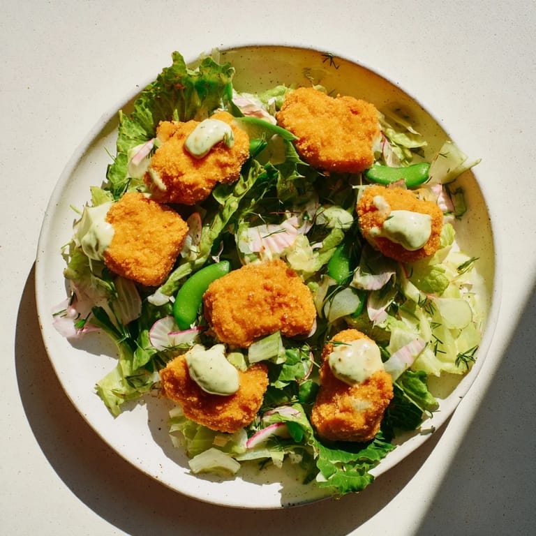 Close-up of a Green Goddess Nugget Salad with crunchy chicken, perfect for a refreshing lunch or dinner.