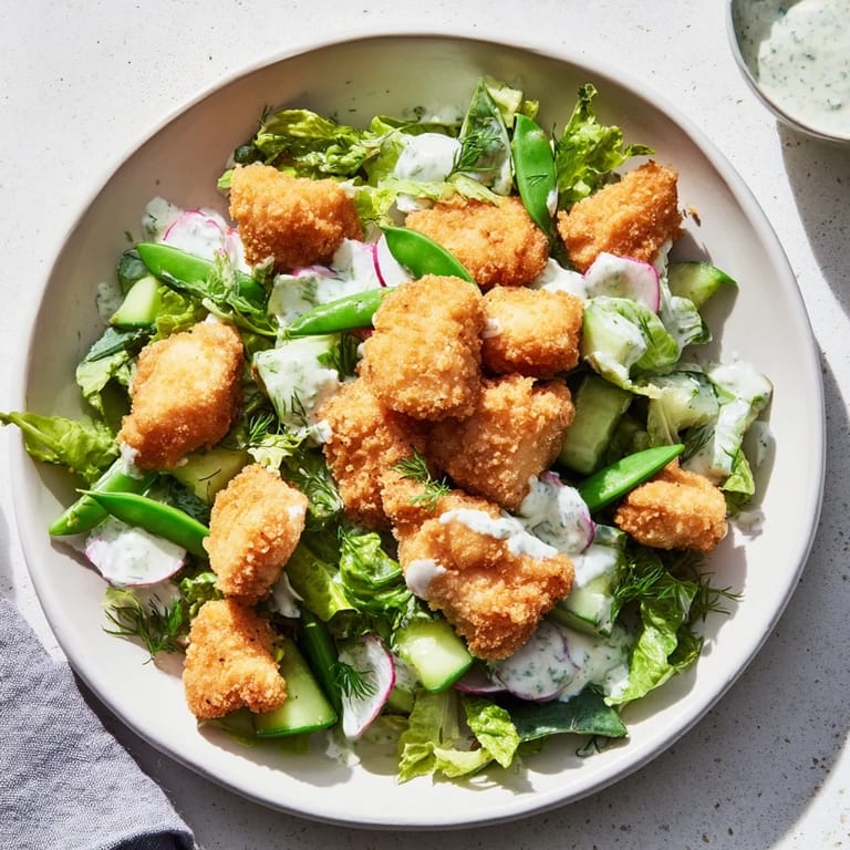 This Green Goddess Nugget Salad showcases golden nuggets alongside vibrant vegetables and creamy dressing.