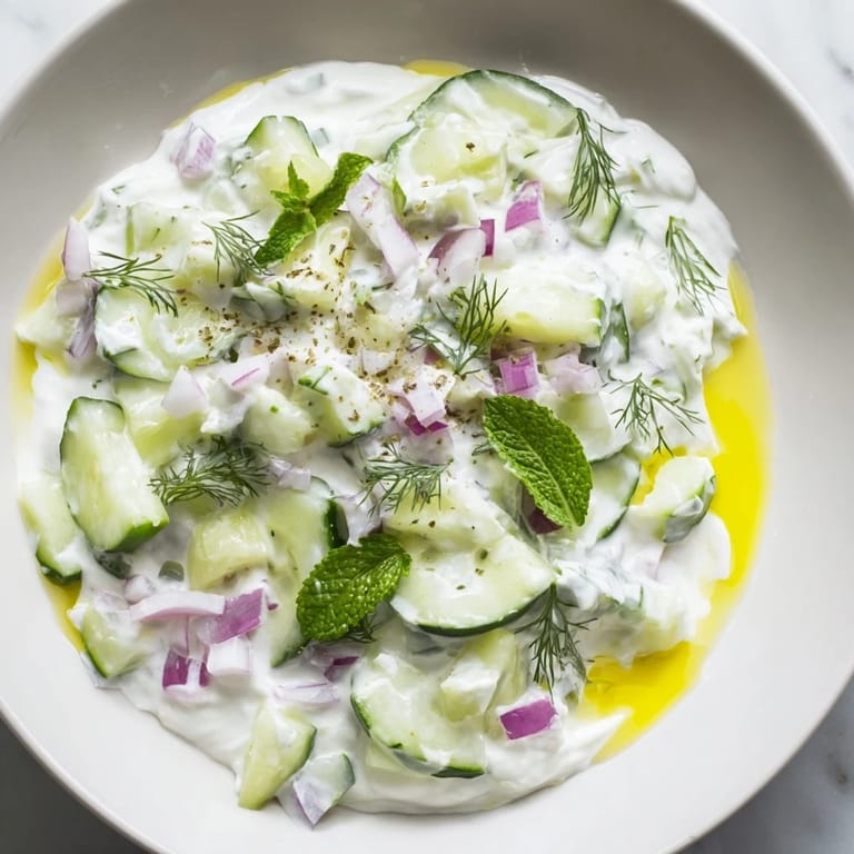 Close-up of a refreshing Cucumber and Greek Yogurt Tzatziki Salad, garnished with fresh dill.