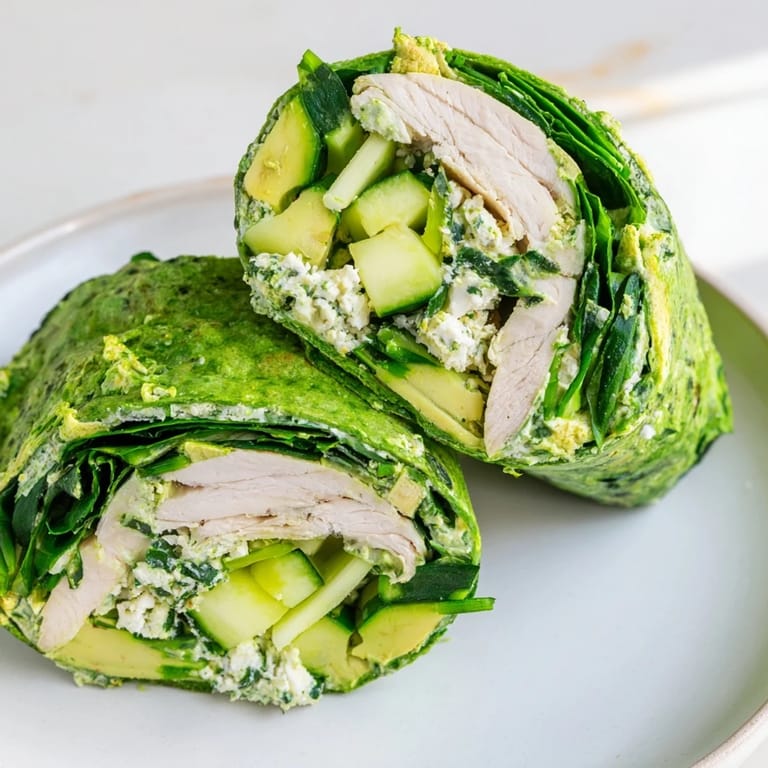 A satisfying Green Goddess Wellness Wrap showcasing tender chicken, fresh avocado, and a tangy, herby dressing.