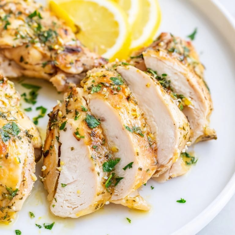 Tender Greek Lemon Herb Chicken breasts, perfectly cooked and served with fresh lemon wedges.