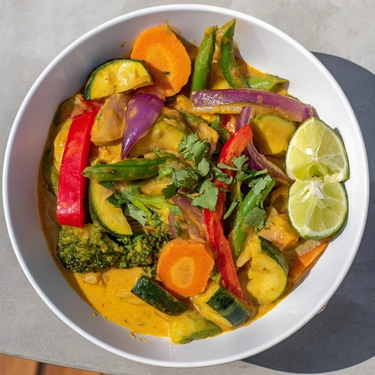 A bowl of delicious Coconut Curry Vegetables, ready to be enjoyed with fresh cilantro and lime.