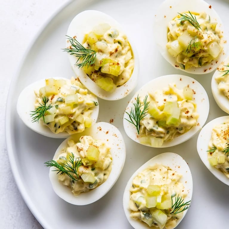 Tangy Dill Pickle Deviled Eggs with a creamy texture, perfect as picnic or party appetizers.
