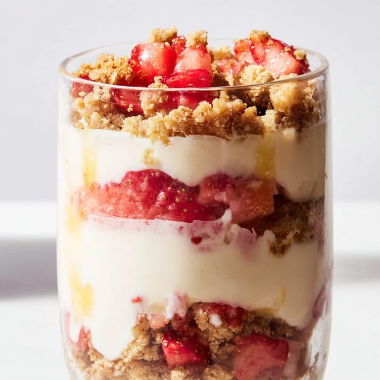 Beautifully arranged Strawberry Cheesecake Parfait cups with tempting layers of fresh strawberries, cookies, and cheesecake cream.