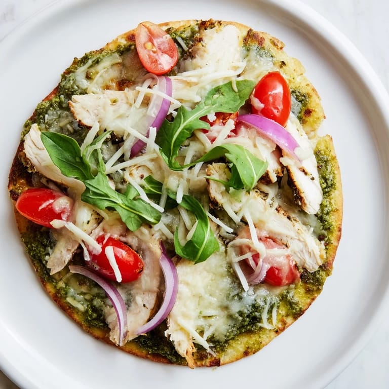 Enjoy a slice of homemade Pesto Chicken Flatbread with flavorful pesto, chicken, and fresh arugula.