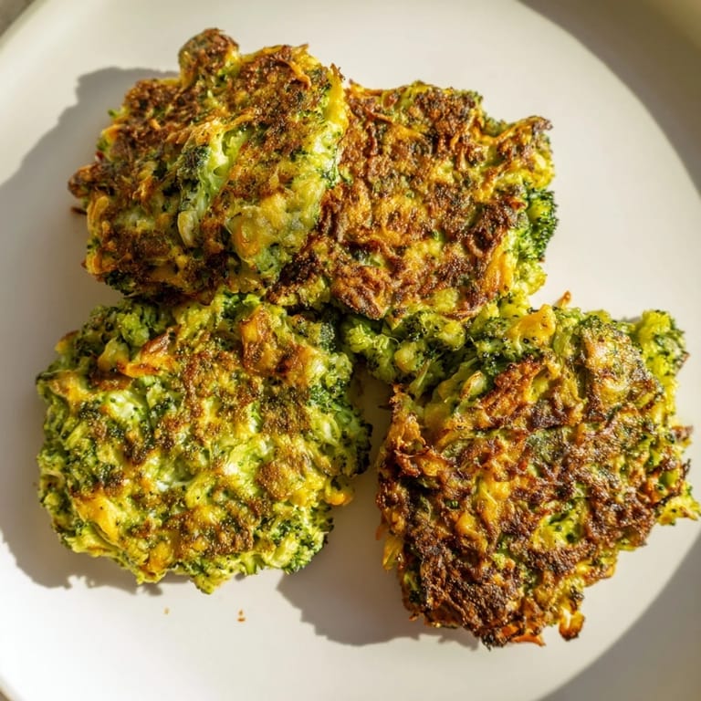Close-up of golden brown Cheesy Broccoli Patties, showing the tender broccoli and bubbly cheese.