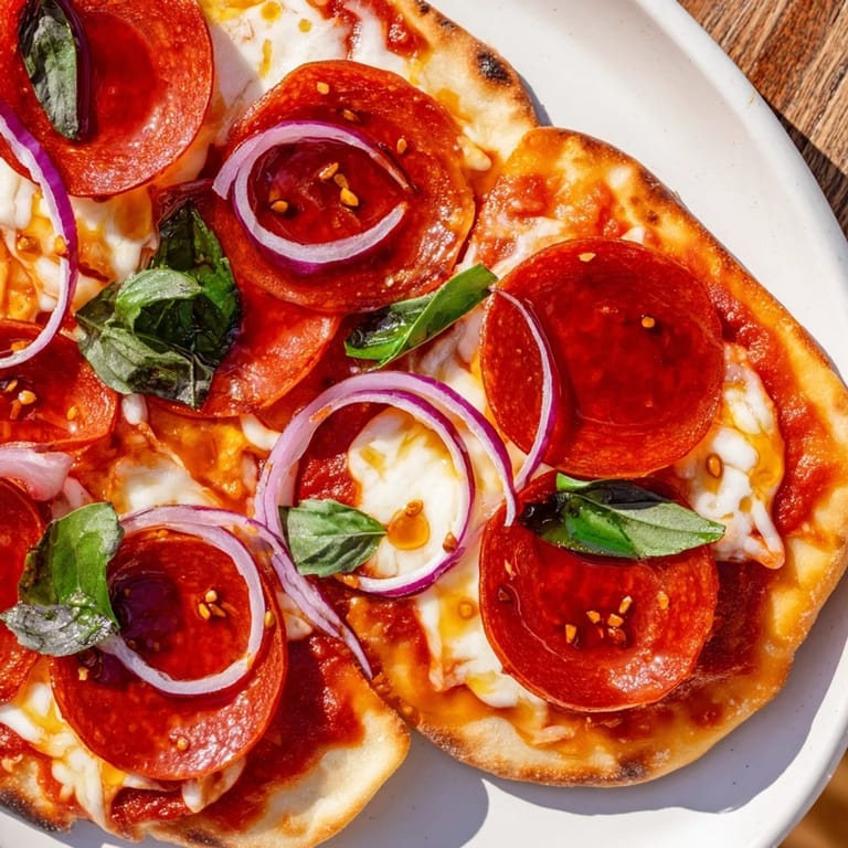 Golden crust supports a vibrant Hot Honey Pepperoni Flatbread topped with fresh basil and a honey drizzle.