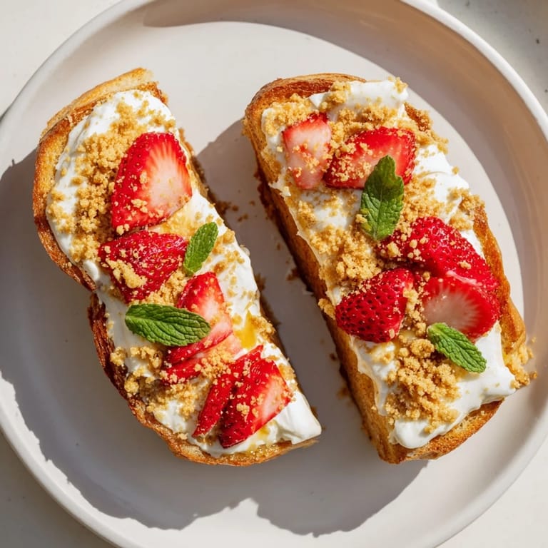 A close-up of delicious Strawberry Cheesecake Toast, showcasing the fluffy cream cheese and fresh berry topping.