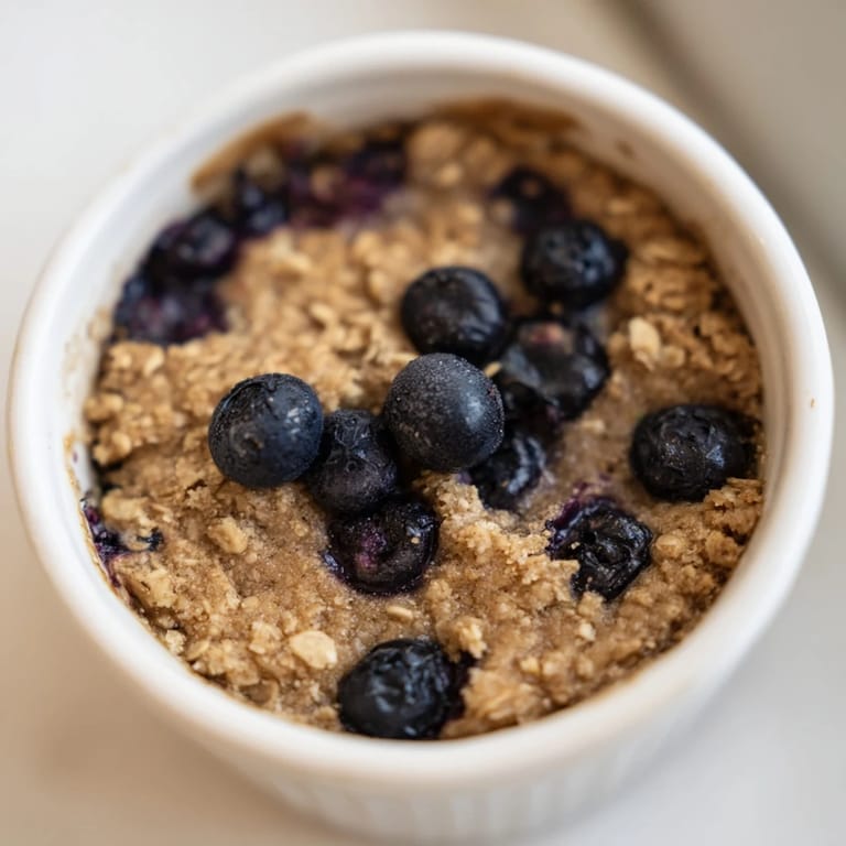Warm ramekin of blueberry baked oats served steaming, ready for a delicious breakfast treat.