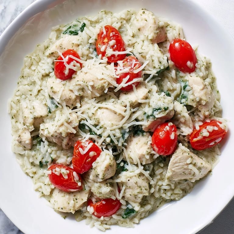 Creamy, cheesy Chicken Pesto Rice Bake, fresh from the oven, with juicy tomatoes and tender chicken.