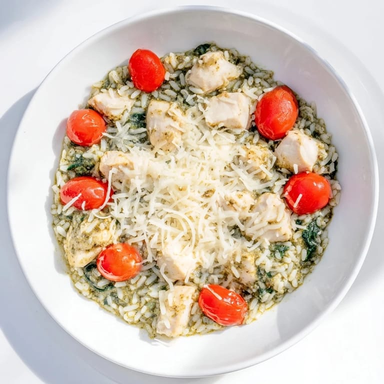 A comforting close-up: flavorful Chicken Pesto Rice Bake with melted cheese and vibrant green pesto.