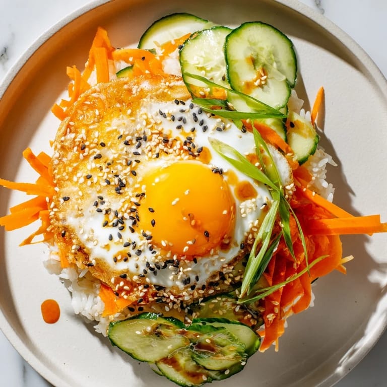 This crispy egg rice bowl features a delightful mix of textures with golden rice and fresh toppings.