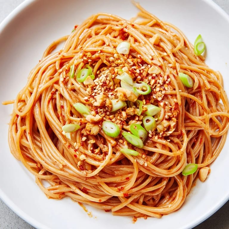 Tempting close-up of Garlic Chili Oil Noodles, showing the perfect texture and vibrant chili flakes.