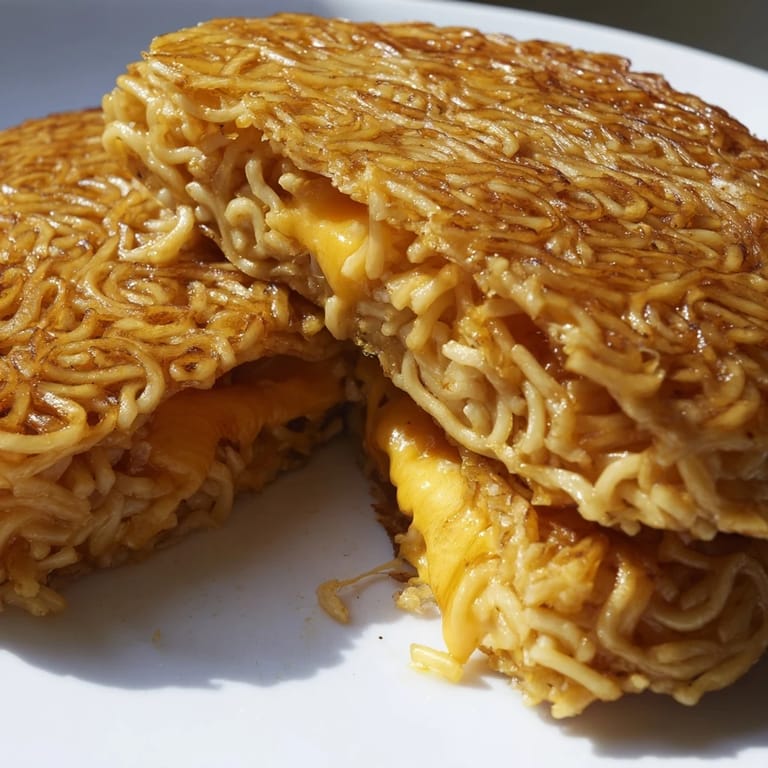 Crispy ramen noodles sandwich bubbling cheese in this delicious Ramen Grilled Cheese.