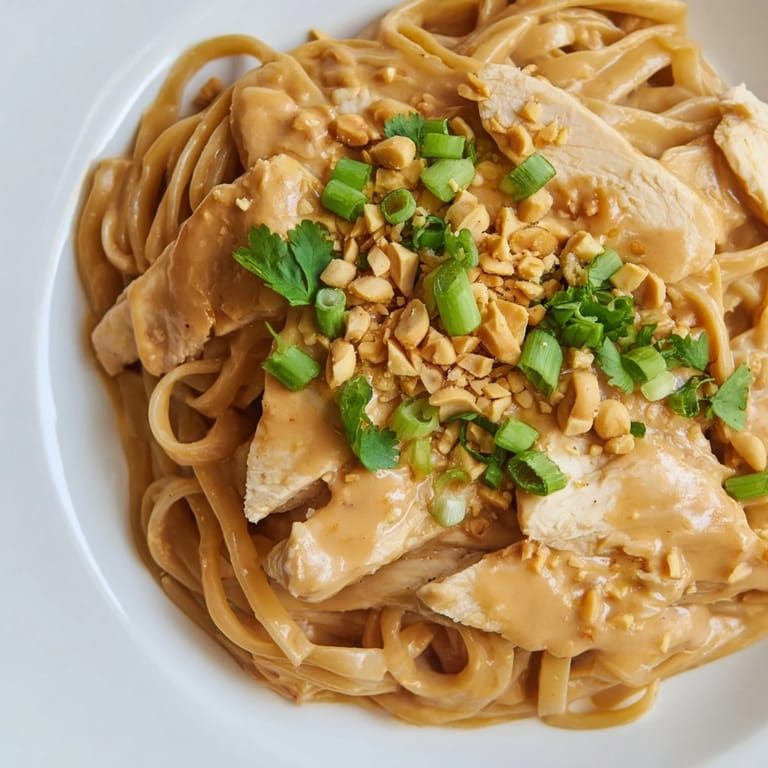 A colorful bowl of Thai Peanut Chicken Pasta bursting with flavors, topped with fresh herbs and peanuts.