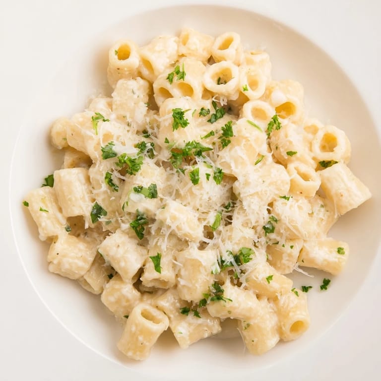 Close-up of freshly made ditalini pasta showcasing the creamy garlic flavors, a delicious Italian meal.