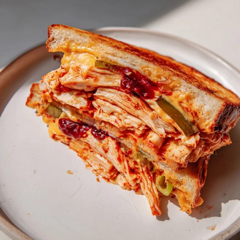 Pull-apart view of the gochujang mayo chicken sandwich grilled cheese, full of melted cheese and flavorful chicken.