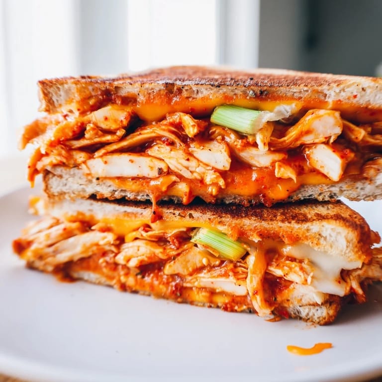 Close-up of a juicy gochujang mayo chicken sandwich grilled cheese, ready for a satisfying, spicy bite.