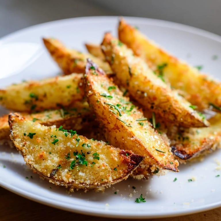 Oven-baked rosemary Parmesan potato wedges, topped with melted Parmesan; a tasty side.