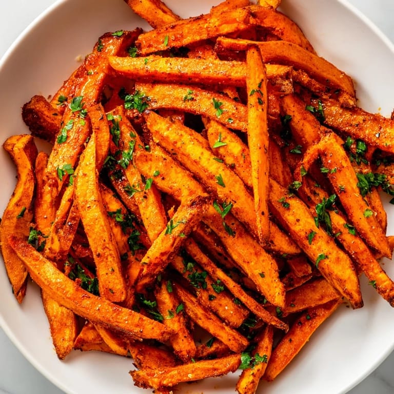 Freshly air-fried Cajun Spiced Sweet Potato Fries, a delicious side dish with vibrant color.