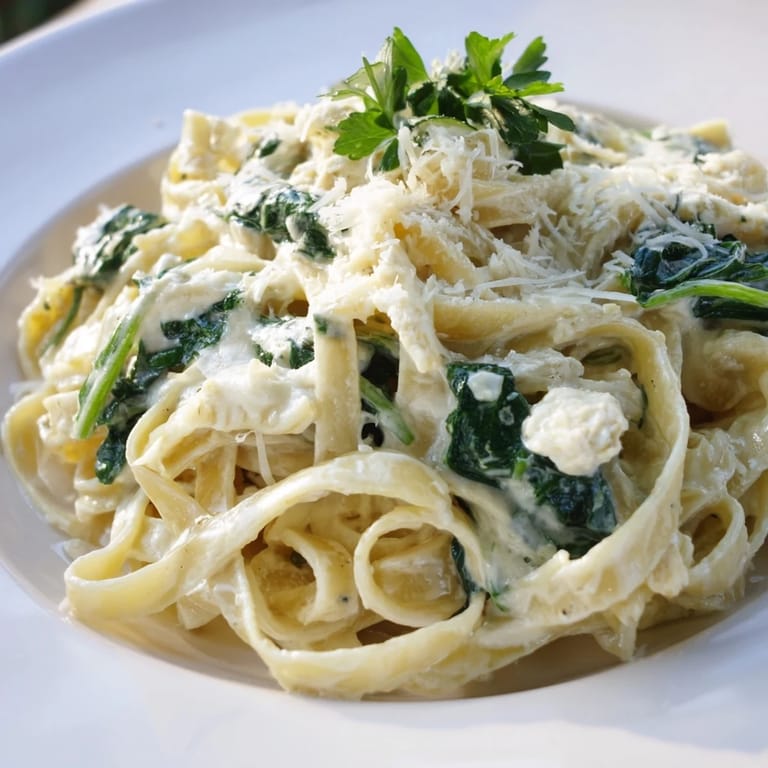 Imagine vibrant spinach mixed with creamy fettuccine Alfredo, ready to serve and enjoy for dinner.