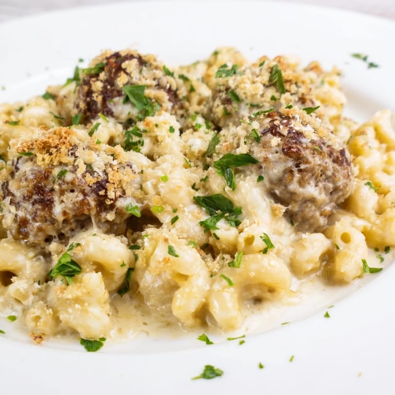 Creamy, cheesy Mac & Cheese Meatball Bake topped with golden breadcrumbs, a comforting American classic.