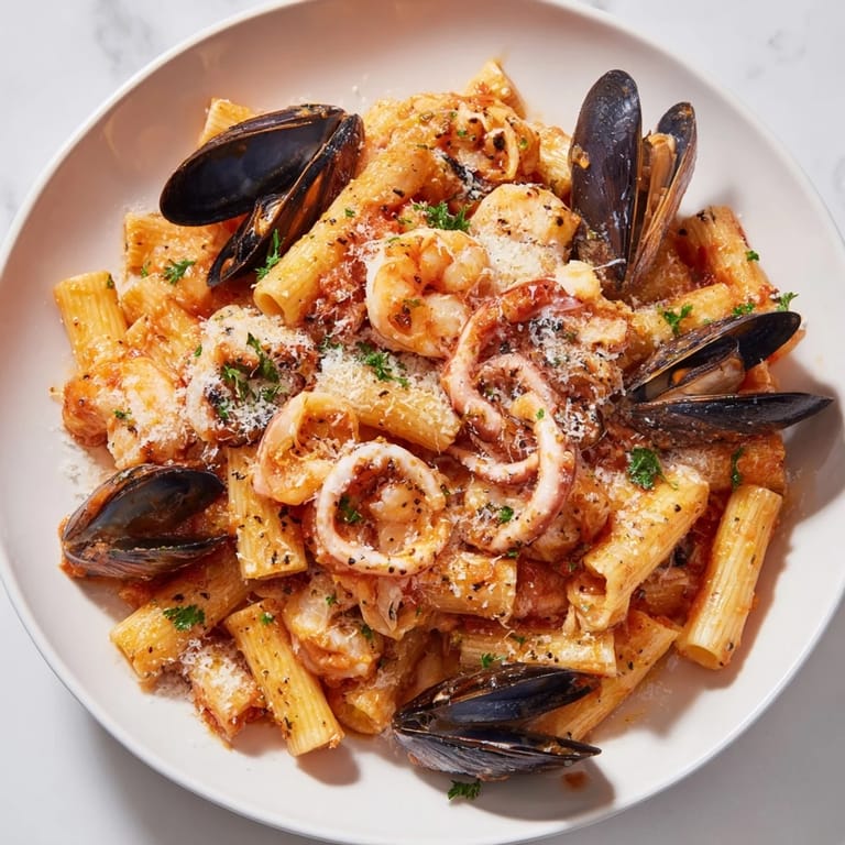 Close-up of a delicious seafood pasta bake, showing a rich, tomato-based sauce.