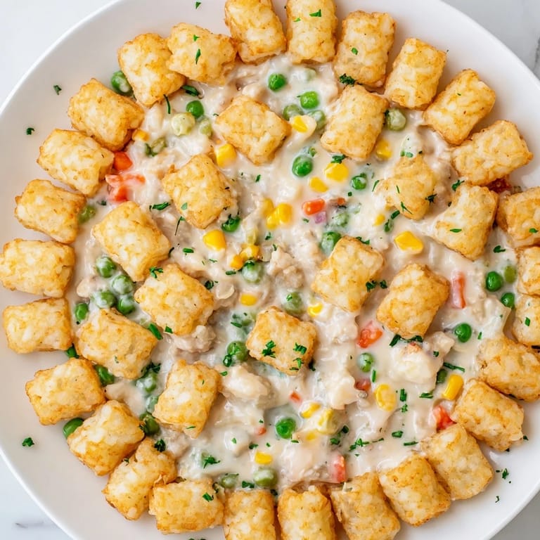 A comforting photo shows golden-brown Crispy Tater Tot Casserole, ready to serve with a creamy chicken filling.