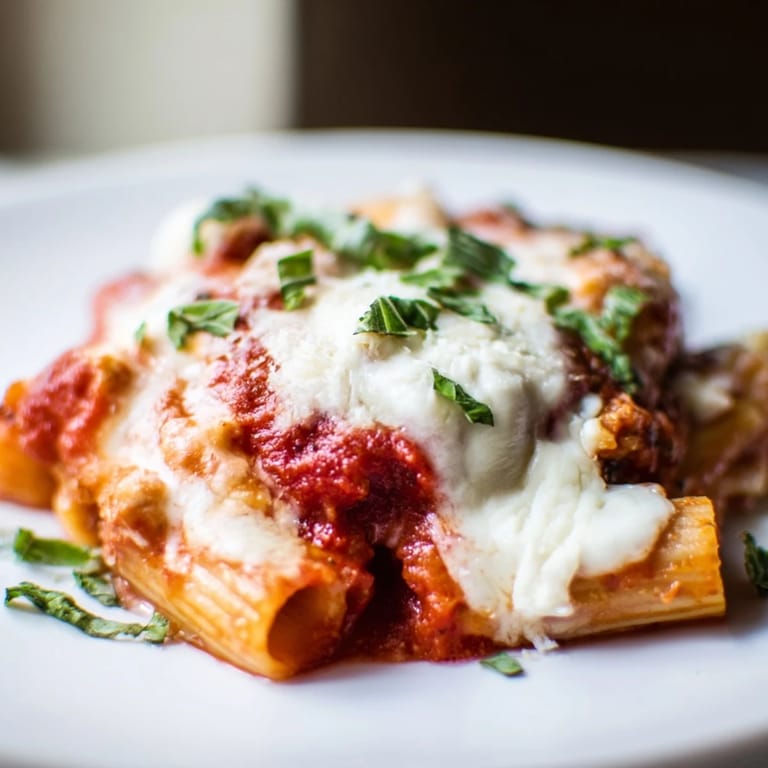Melting mozzarella covers the Cheesy Baked Ziti, a comforting casserole with basil garnish, prepared fresh.
