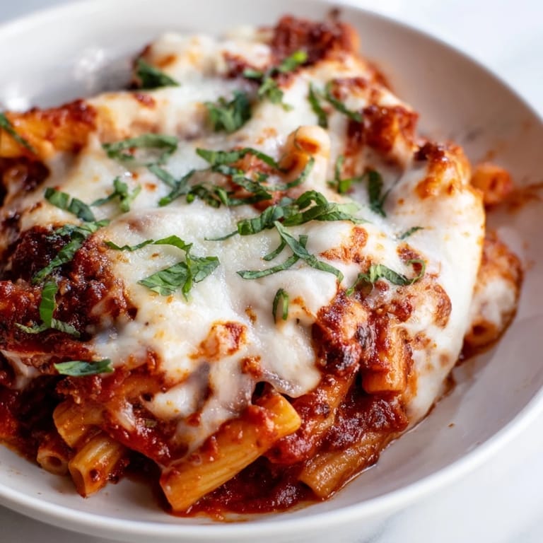 Perfect for dinner, this Cheesy Baked Ziti shows off bubbling cheese and rich tomato sauce inside.