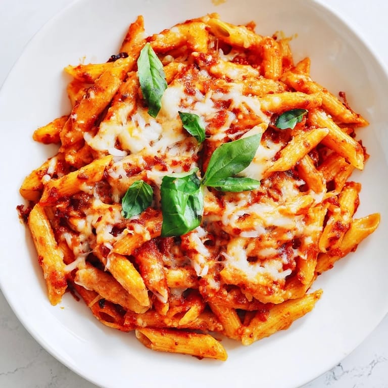 A steaming dish of Baked Penne Arrabbiata, featuring melted cheese and a spicy, vibrant red sauce.
