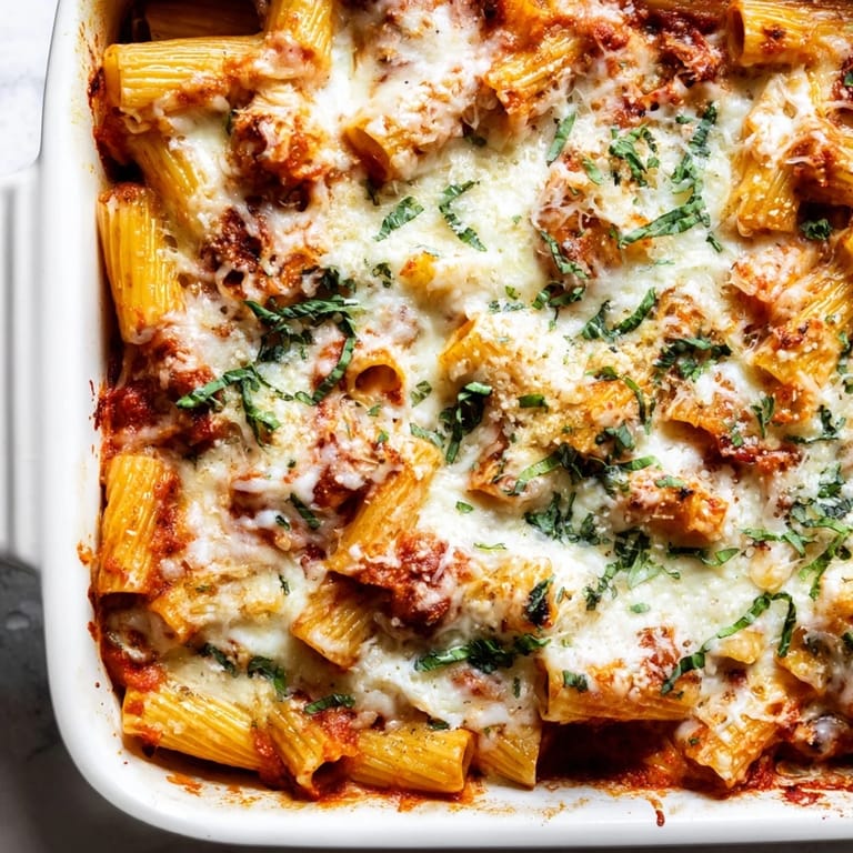 A close-up of creamy, cheesy Four Cheese Baked Pasta, ready to serve with fresh basil garnish.